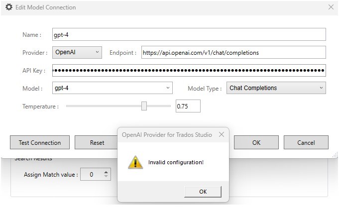 Screenshot of Trados Studio connection settings for OpenAI with model 'gpt-4' and a warning popup stating 'Invalid configuration!'