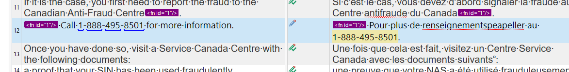 Screenshot of Trados Studio showing a segment with a missing hyperlink error indicated by a red squiggly line under 'Call 1-888-495-8501 for more information.'