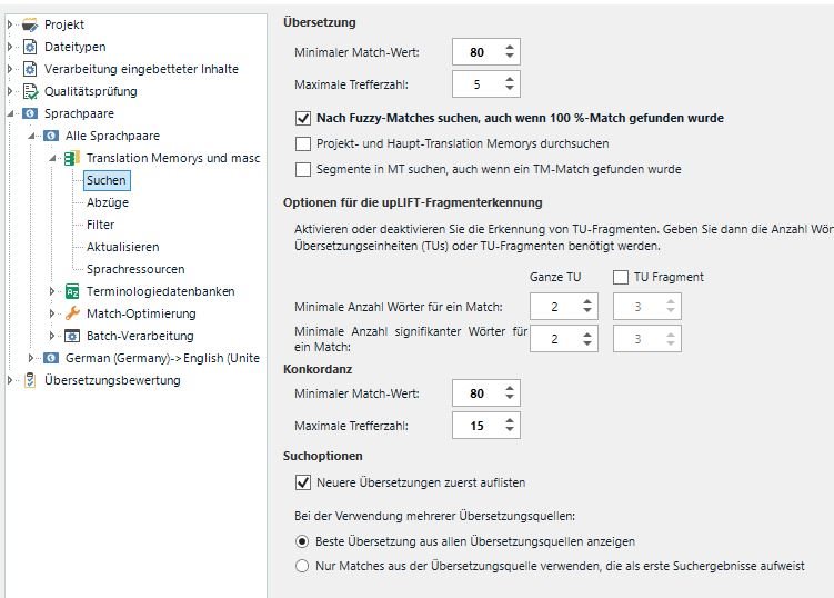 Trados Studio settings showing options for translation memory and machine translation with minimum match values and search options.