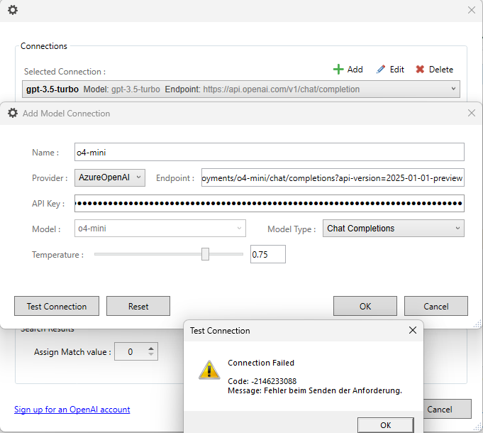 Screenshot showing the Trados Studio 'Connections' window with a selected connection named 'gpt-3.5-turbo' and its endpoint URL.