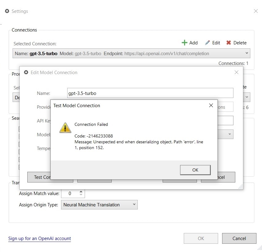 Screenshot of RWS AppStore Applications settings showing an 'Edit Model Connection' window for 'gpt-3.5-turbo' with an error message: 'Connection Failed - Code: -2146233088 Message: Unexpected end when deserializing object. Path 'error', line 1, position 152.'