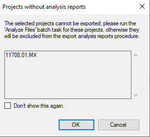 Error message in Trados Studio stating 'Projects without analysis reports' with instructions to run 'Analyze Files' batch task.