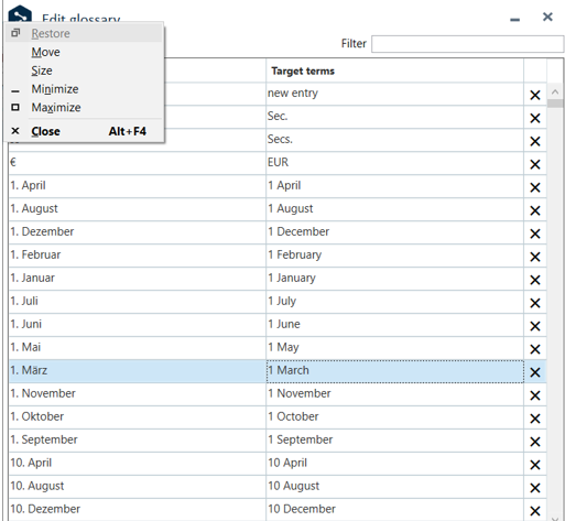 Trados Studio screenshot with the system menu open after pressing Alt + Space, showing options like Restore, Move, Size, Minimize, Maximize, and Close.