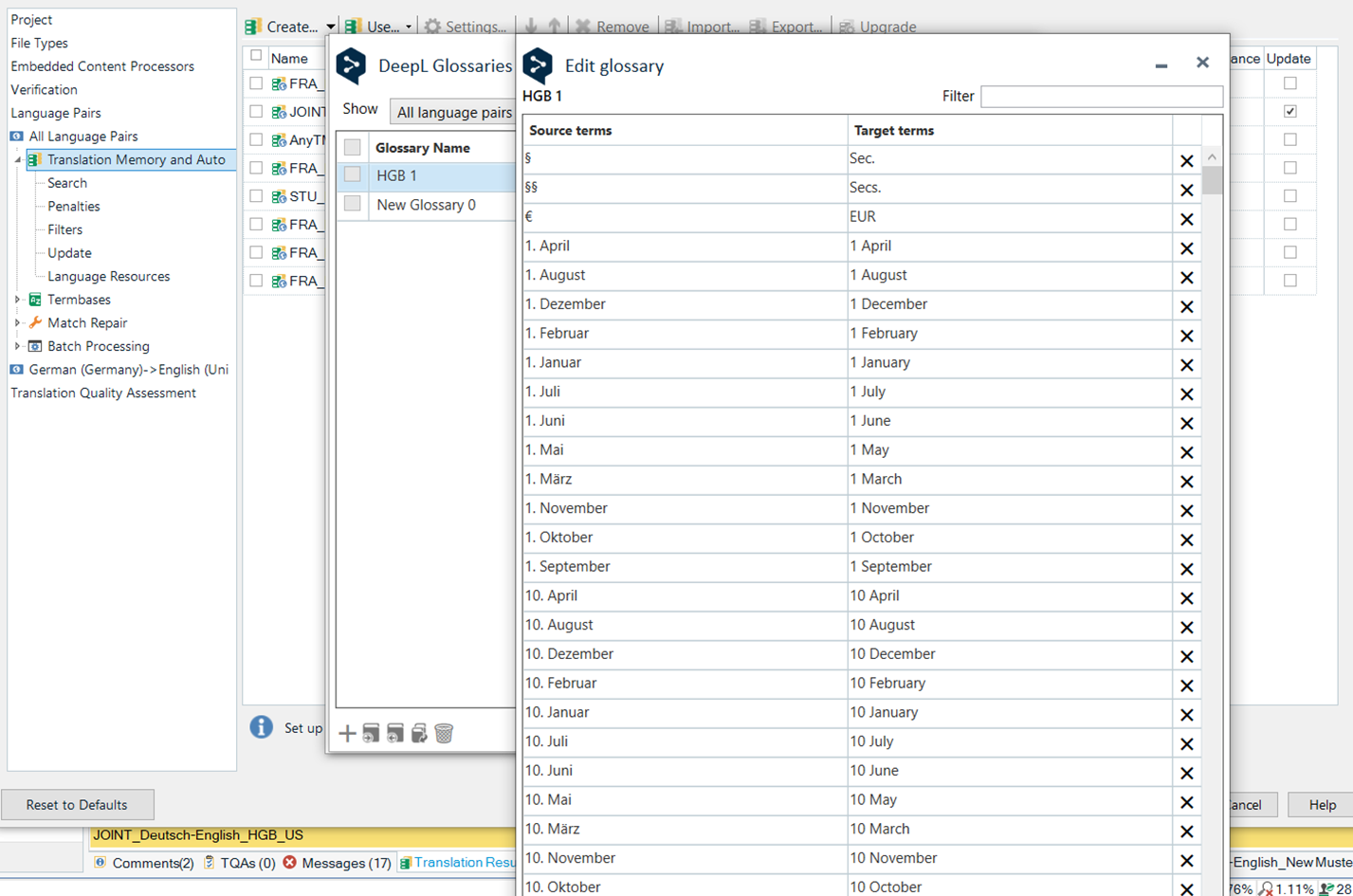 Trados Studio screenshot showing DeepL Glossaries interface with a list of source and target terms. The Apply button is not visible.