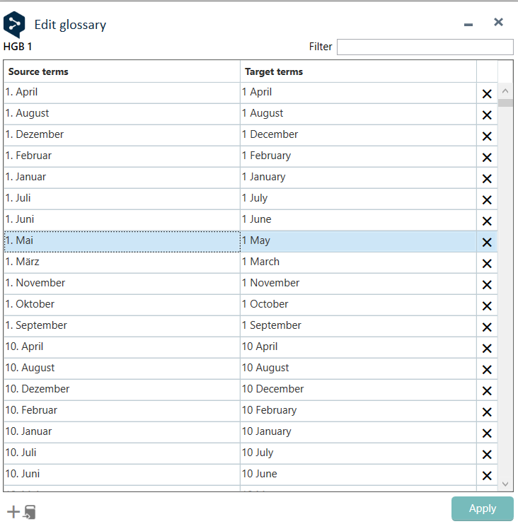Trados Studio screenshot after resizing the Edit glossary window, showing the Apply button in dull green, indicating it is not active.