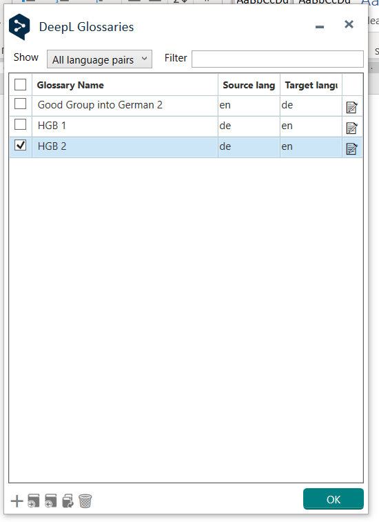 Trados Studio interface showing DeepL Glossaries window with a list of glossaries. 'HGB 2' is checked, indicating selection for import. Icons for adding, editing, and deleting glossaries are visible at the bottom.
