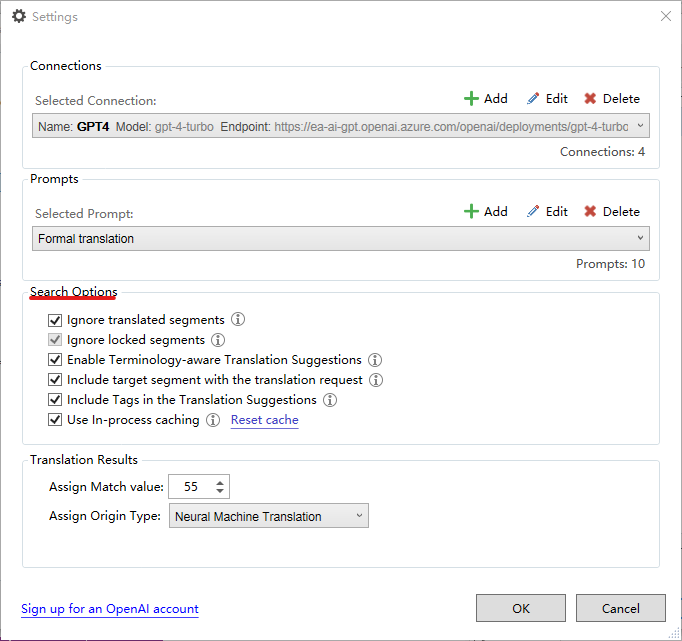 Trados Studio settings window showing AI professional plugin settings with search options. Options include ignoring translated and locked segments, enabling terminology-aware suggestions, including tags in suggestions, and using in-process caching.
