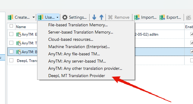 Screenshot showing a software interface with a list of options and a red arrow pointing to 'DeepL MT Translation Provider'.