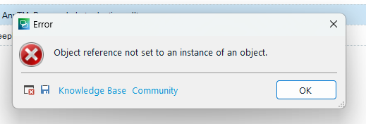 Error message window saying 'Object reference not set to an instance of an object.' with Knowledge Base and Community links and an OK button.