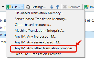 Screenshot showing a software interface with a list of options and a red arrow pointing to 'AnyTM: Any other translation provider...'.