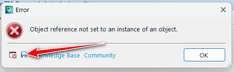 Error dialog box with a red cross icon, displaying the message 'Object reference not set to an instance of an object.' with an 'OK' button and links to 'Knowledge Base' and 'Community'.