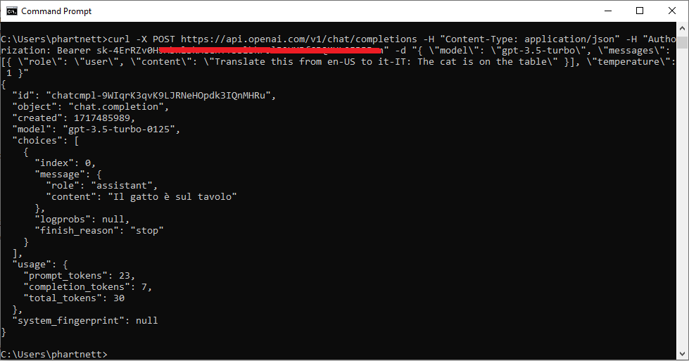 Screenshot of a Command Prompt window showing a cURL command executed to post a request to the OpenAI API for a translation task. The response includes a successful translation from English to Italian.
