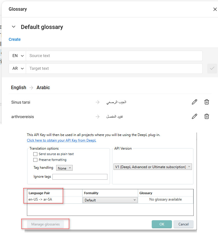 Screenshot of a glossary creation interface with English to Arabic translation pairs, an API key section, and translation options. Language pair 'en-US' to 'ar-SA' is highlighted with 'Manage glossaries' button below.