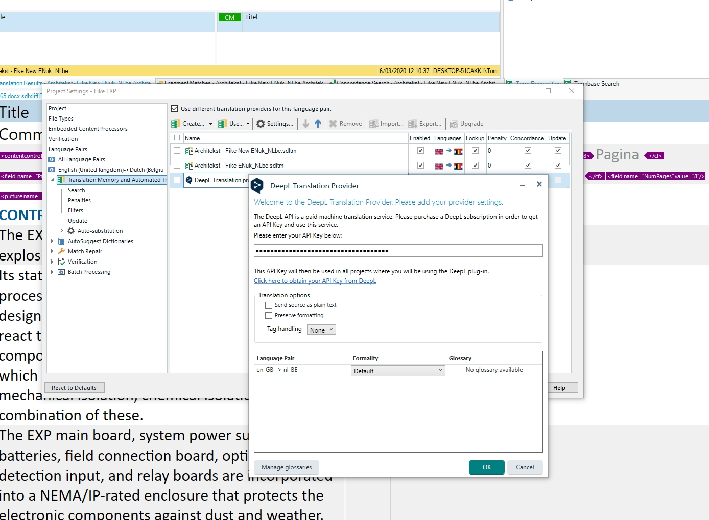 Screenshot of Trados Studio 2022 showing the Project Settings window with Translation Memory and Automated Translation selected. The DeepL Translation Provider settings are open, prompting for an API key.