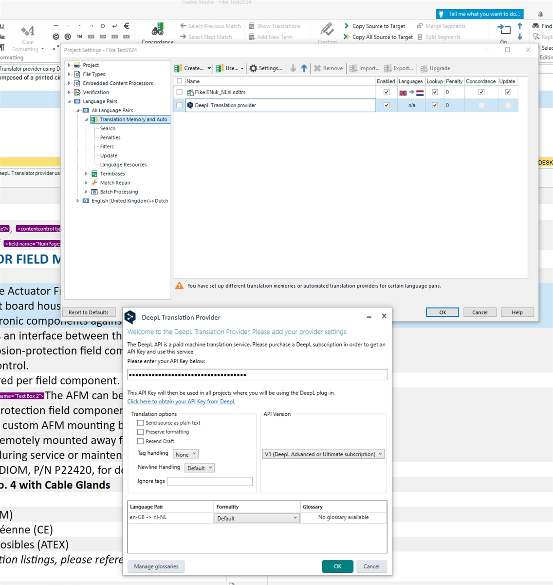 Screenshot of Trados Studio 2024 showing the Project Settings window with Translation Memory and Automated Translation selected. The DeepL Translation Provider settings are open, prompting for an API key.