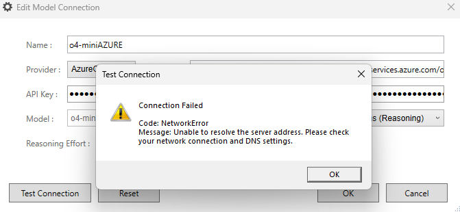 Screenshot of the Edit Model Connection window showing a Test Connection error. The error message reads: 'Connection Failed. Code: NetworkError. Message: Unable to resolve the server address. Please check your network connection and DNS settings.'