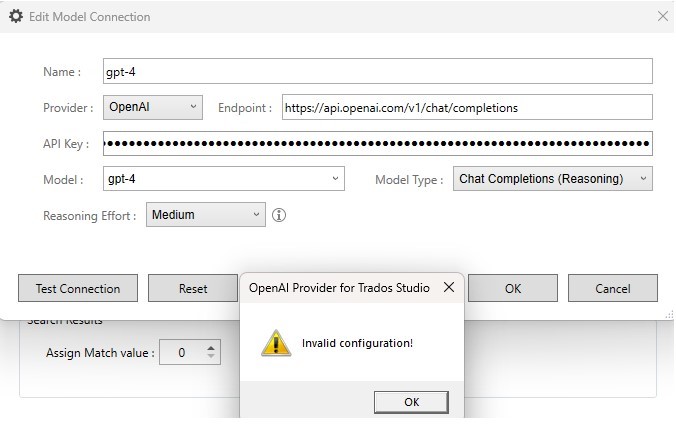 Screenshot of Trados Studio connection settings for OpenAI with model 'gpt-4' and reasoning effort set to 'Medium,' showing a warning popup stating 'Invalid configuration!'
