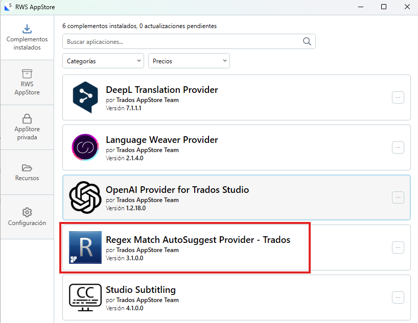 RWS AppStore interface displaying installed plugins, including Regex Match AutoSuggest Provider - Trados version 3.1.0.0 highlighted in red.