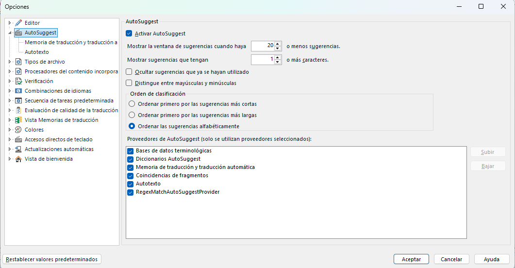 Trados Studio Options window showing AutoSuggest settings, with options to activate AutoSuggest, set suggestion thresholds, and select providers like RegexMatchAutoSuggestProvider.