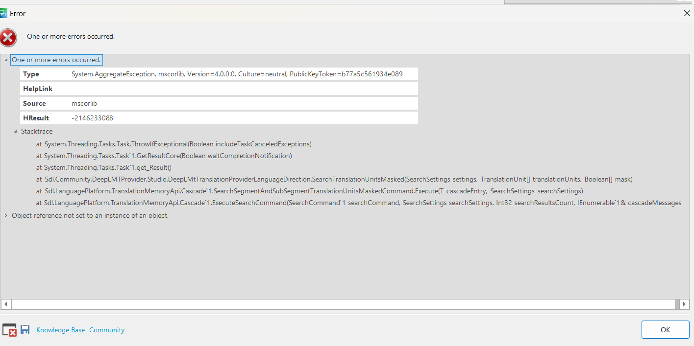 Error message window displaying 'One or more errors occurred.' with details including Type, HelpLink, Source, HResult, and a stack trace. The OK button is visible at the bottom.