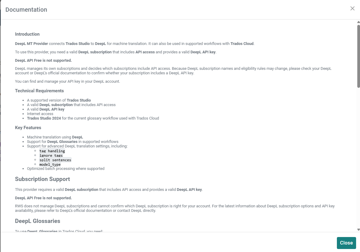 Screenshot of the documentation page for DeepL MT Provider, showing introduction, technical requirements, key features, subscription support, and DeepL glossaries information.