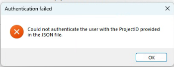 Error message titled 'Authentication failed' stating 'Could not authenticate the user with the ProjectID provided in the JSON file.'