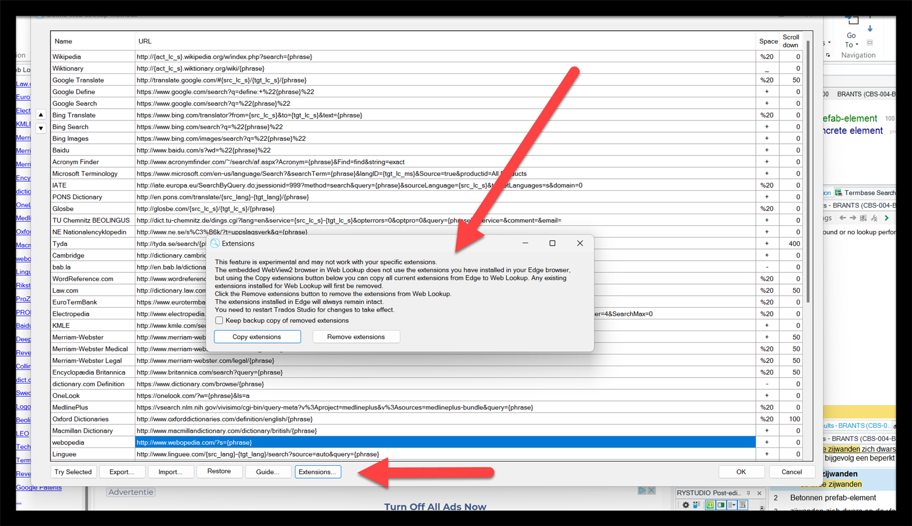 Screenshot of RWS AppStore Applications with a focus on Web Lookup settings. A red arrow points to the Extensions button, indicating a possible solution. A warning message about copying extensions is visible.