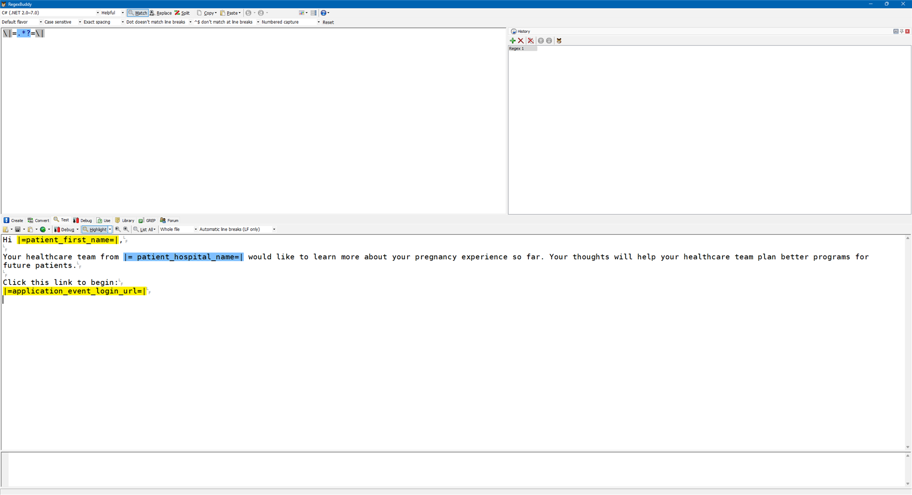 Screenshot of RegexBuddy software with a text pattern test. The text includes placeholders for patient first name and hospital name, and a link with an application event login URL. No visible errors or warnings.