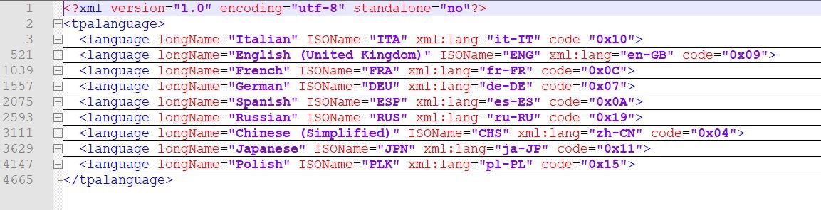 Screenshot of an XML file displaying multiple language elements including Italian, English (United Kingdom), French, German, Spanish, Russian, Chinese (Simplified), Japanese, and Polish.