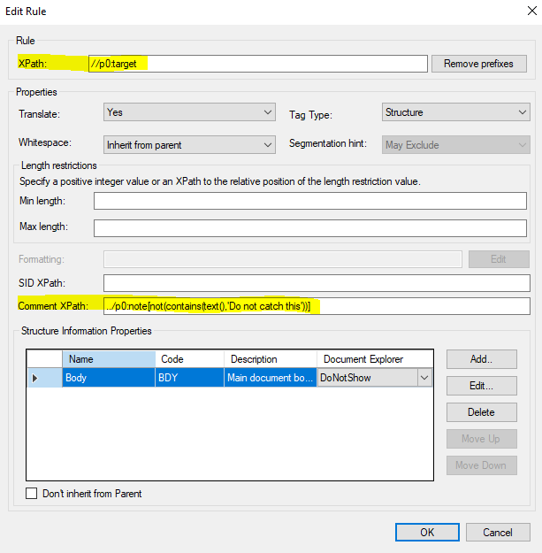 Trados Studio Edit Rule dialog box showing an XPath rule for 'Target' and a Comment XPath with a condition to exclude a specific note text.