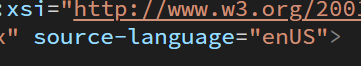 Close-up of Trados Studio's XLIFF file code showing the source-language attribute set to 'enUS' instead of 'en-US'.