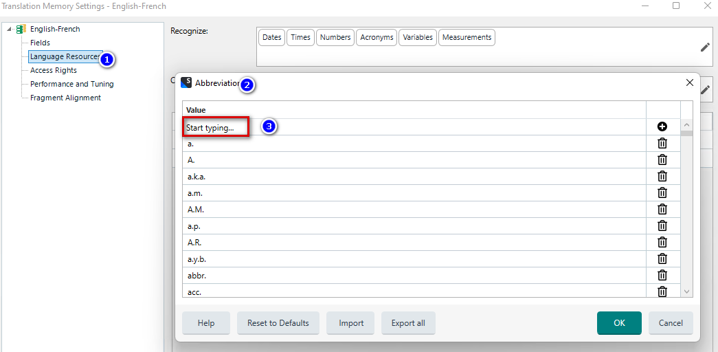 Trados Studio Translation Memory Settings window showing English-French language pair. The 'Language Resources' tab is highlighted and 'Abbreviations' section is open with a text box to add new abbreviation.