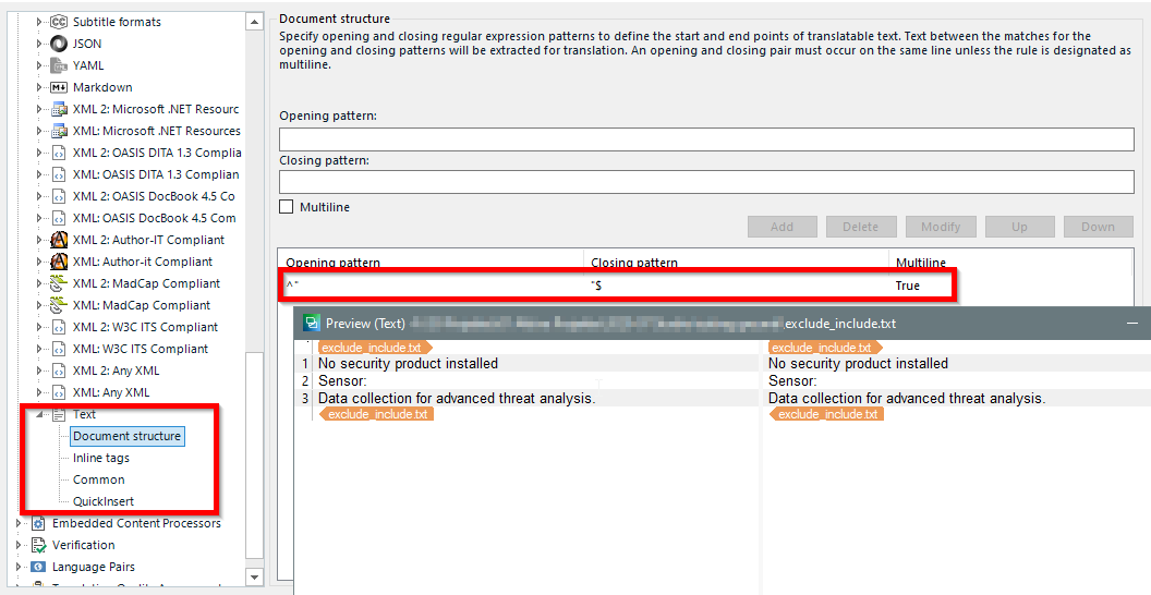 Trados Studio screenshot showing Document structure settings with 'Text' file type selected. Opening pattern entered as caret symbol and closing pattern as dollar sign. Multiline option set to True.