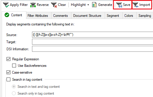 Advanced Filter Display in Trados Studio with a regular expression entered in the Source field. Buttons for Save, Import, and other filter actions are visible.