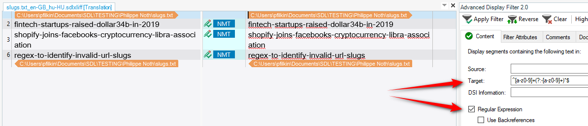 Trados Studio interface showing Advanced Display Filter 2.0 with a regular expression entered in the Source field and the 'Reverse' button highlighted indicating the filter is reversed.