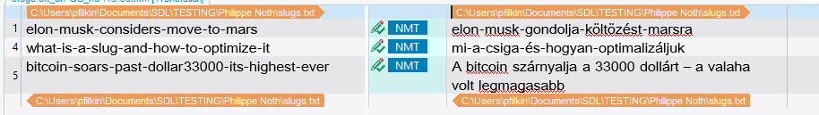 Trados Studio interface displaying filtered results with segments containing errors highlighted in red, such as 'regex-to-identify-invalid-url-slugs'.