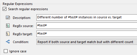 Trados Studio Regular Expressions window showing a rule with description 'Different number of #test# instances in source vs. target', source regex '#test#', target regex '#test#', and condition 'Report if both source and target match but with different count'. Checkbox for 'Ignore case' is unchecked.