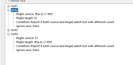 Screenshot of Trados Studio showing test1 and test2 with regex patterns for source and target, and a condition set to report if both match with different count.
