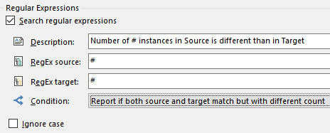 Trados Studio regular expressions window showing a rule to report if the number of # instances in Source is different than in Target.