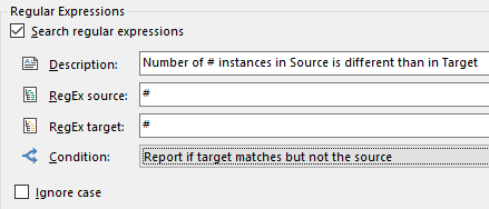 Trados Studio regular expressions window with a rule to report if target matches the # symbol but not the source.