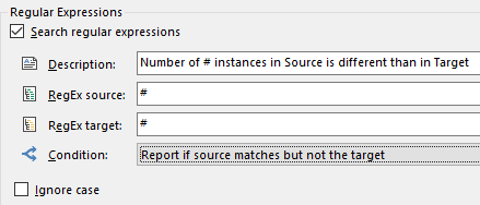 Trados Studio regular expressions window with a rule to report if source matches the # symbol but not the target.