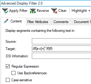 Screenshot of Trados Studio's Advanced Display Filter 2.0 with a regex input in the Target field to filter segments containing the text '#test#'.