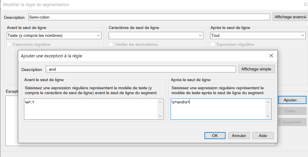 Screenshot of a segmentation rule editor with a description field set to 'Semi-colon'. A popup window titled 'Add an exception to the rule' shows fields for 'Before line break' and 'After line break'. The 'Before line break' field contains 'w+;+' and the 'After line break' field contains 's+and+s+'.