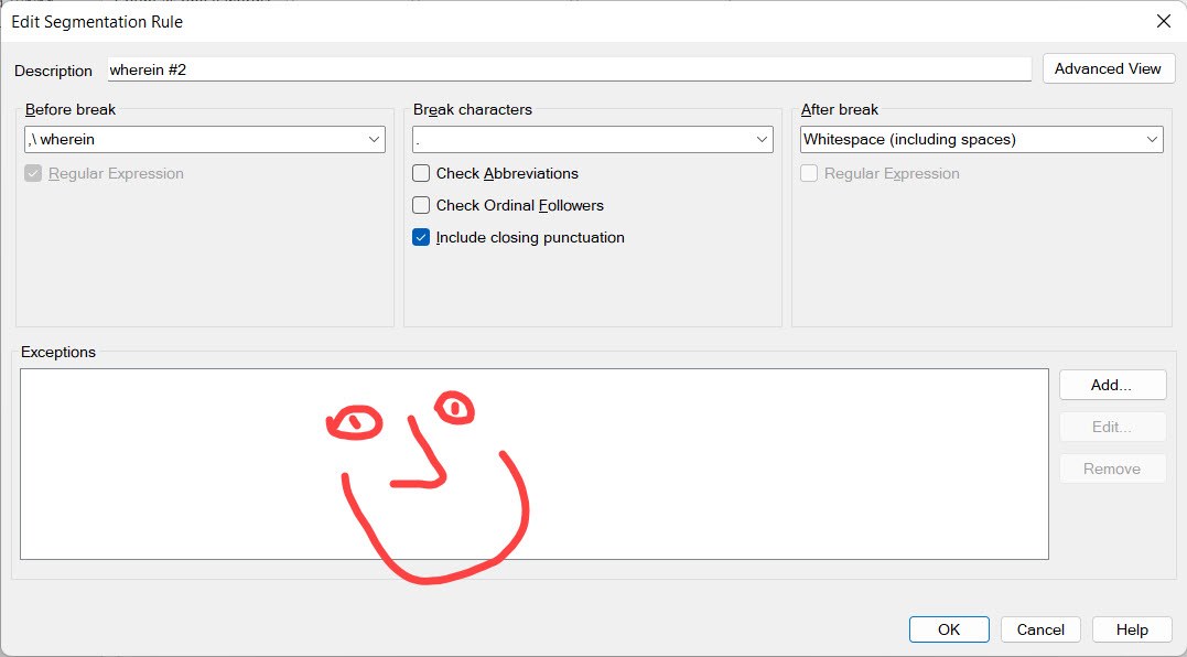 Trados Studio Edit Segmentation Rule dialog with Description 'wherein #2', Before break set to ', wherein' with Regular Expression checked, and 'Include closing punctuation' checked under Break characters.