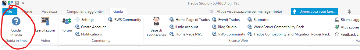 Screenshot of Trados Studio 2022 showing the 'Guide' button in the ribbon highlighted, with Italian labels 'Guida in linea' indicating online help.