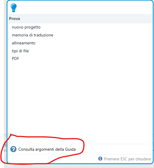 Screenshot of Trados Studio 2022 'Tell me what do you want to do?' pop-up with the 'Consult online guide' option highlighted, labeled in Italian as 'Consulta argomenti della Guida'.
