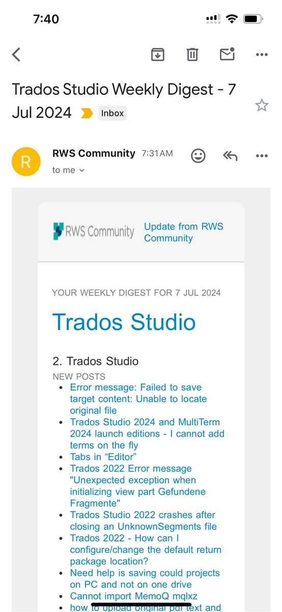Email screenshot showing 'Trados Studio Weekly Digest - 7 Jul 2024' from RWS Community. Lists new posts with topics like error messages, Trados Studio updates, and saving projects.