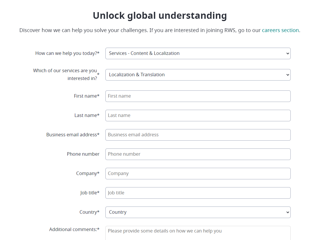 RWS contact form with fields for service interest, name, email, phone, company, job title, country, and additional comments.