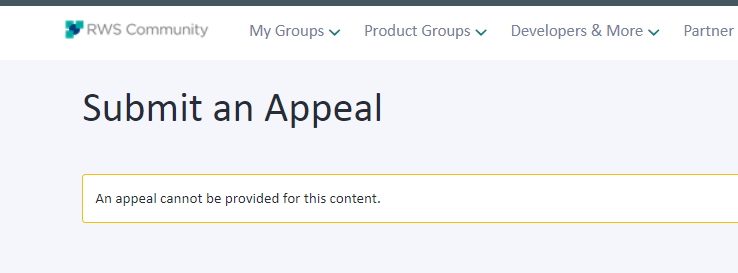 Webpage from RWS Community with a banner titled 'Submit an Appeal' and a message below stating 'An appeal cannot be provided for this content.'