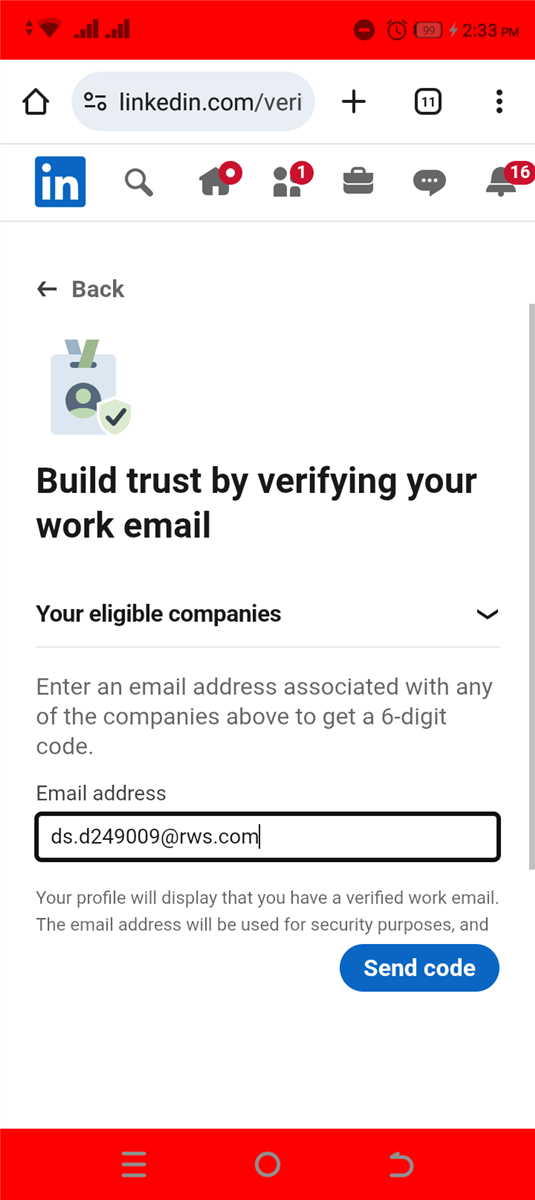 LinkedIn verification page showing 'Build trust by verifying your work email' with an email input field pre-filled with ds.d249009@rws.com and a 'Send code' button.